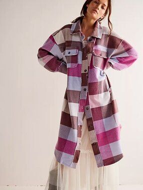 Free People Women's Plaid Long Ruby Jacket in Pink Purple Wine Combo Size XL